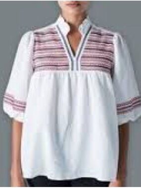 NWT Grace + Karma Red White Blue Embroidered White Gauze Peasant Blouse Size XL